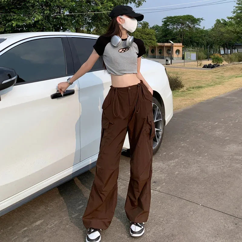 Women Cool Brown Vintage Drawstring Cargo Pants