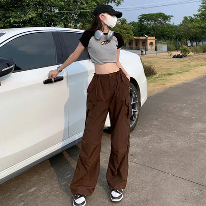 Women Cool Brown Vintage Drawstring Cargo Pants