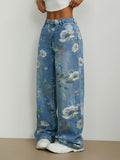 Vintage Flower Mid-Waisted Loose Straight Leg Jeans