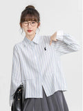 Women Retro Sweet Preppy Style Striped Long Shirt
