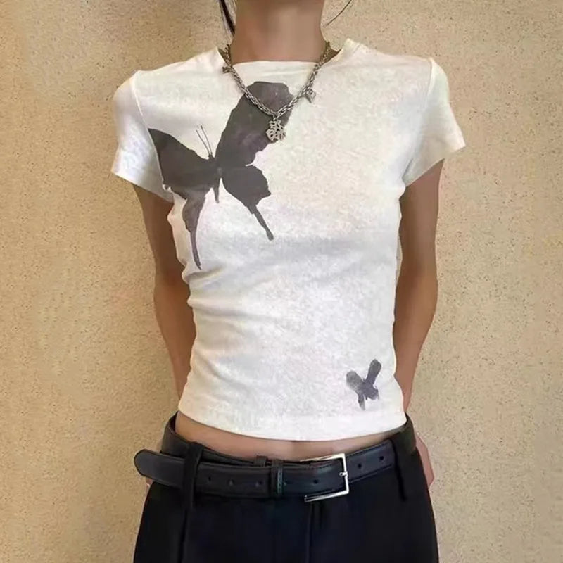 Gothic Grunge Butterfly Print Crop T-Shirt