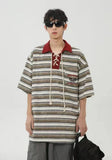 Vintage Striped Patchwork Lace-Up Polo T-Shirt