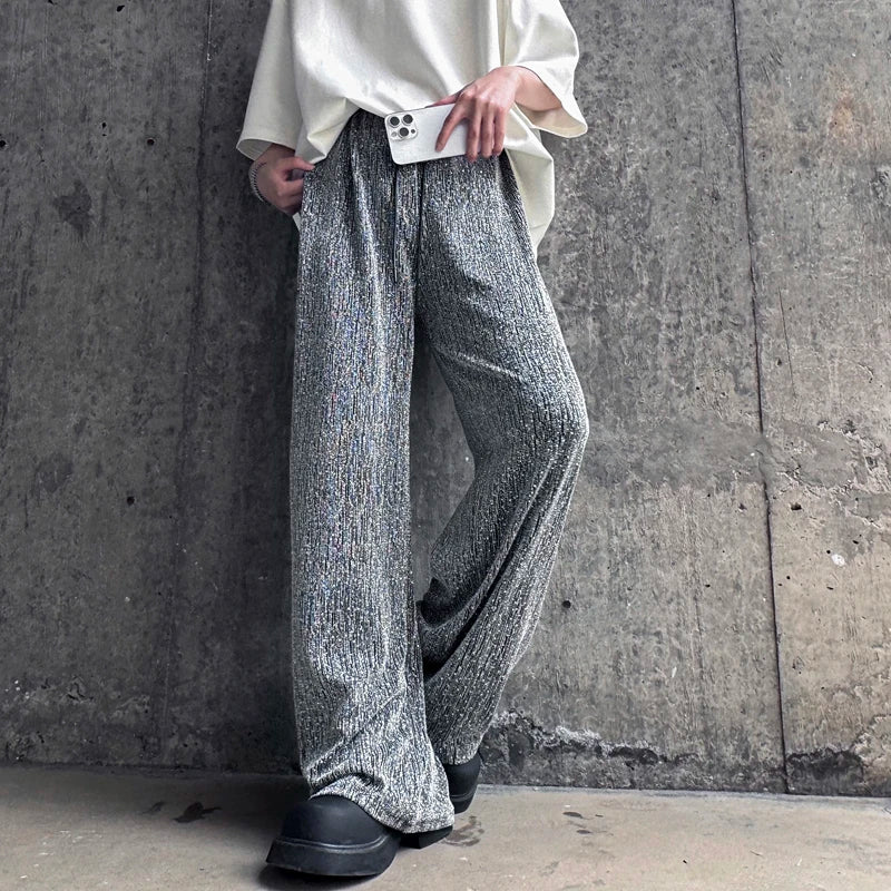 Textured Elegant Drawstring Waist Casual Pants