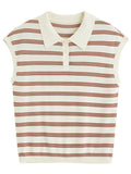 Women Casual Striped Knit Sleeveless Button Collar T-Shirt