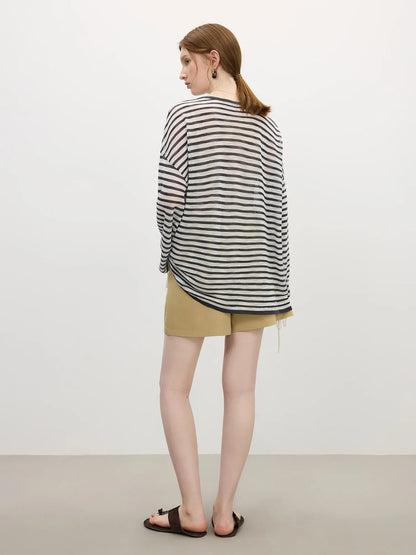 Elegant Striped French Holiday Long-Sleeved T-Shirt