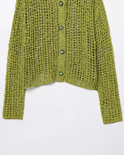 Green Mesh Embellished V-Neck Knit Cardigan