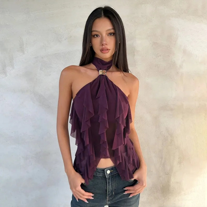 Sheer Ruffle Halter Top