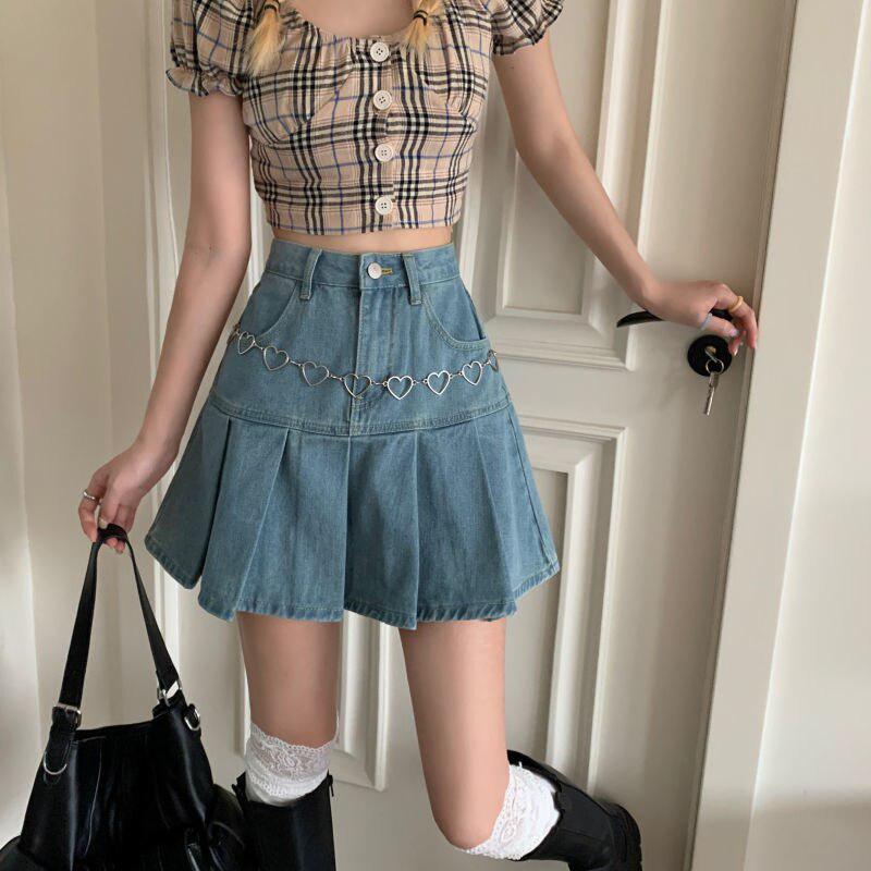 Trendy Pleated Denim Mini Skirt for Soft Girl Aesthetic
