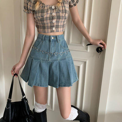 Pleated Denim Mini Skirt