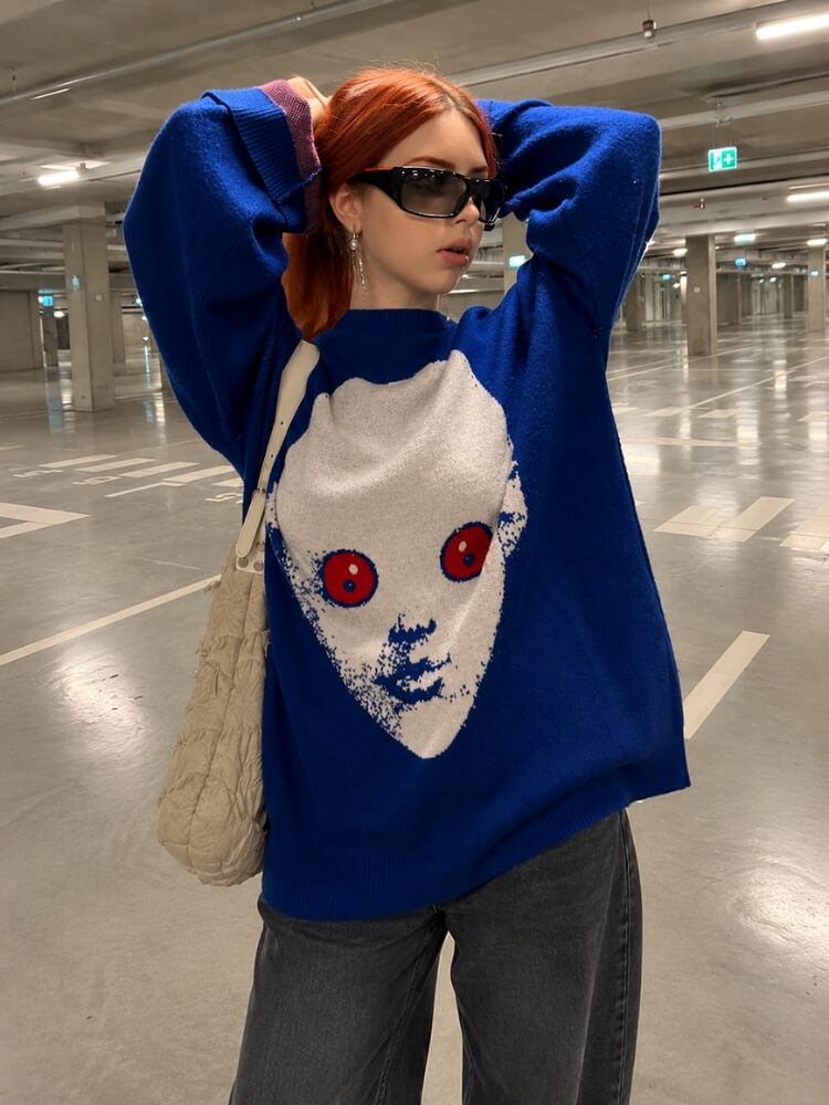 Weirdcore Alien Face Knit Sweater