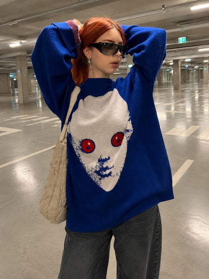 Weirdcore Alien Face Knit Sweater