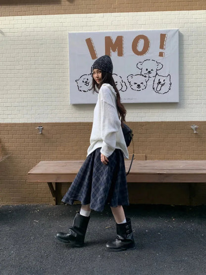 Y2K Asymmetric Plaid Midi Skirt