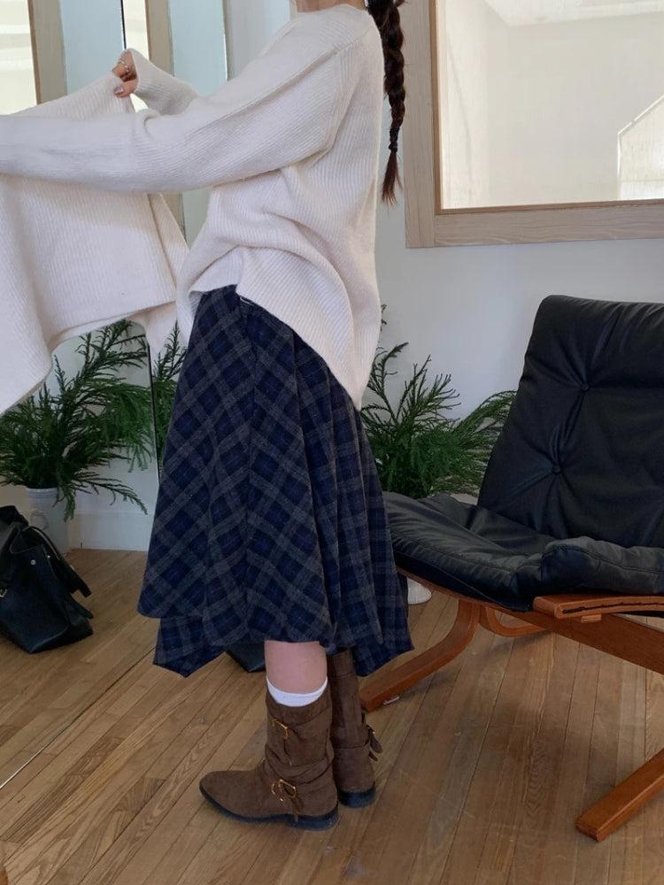 Y2K Asymmetric Plaid Midi Skirt