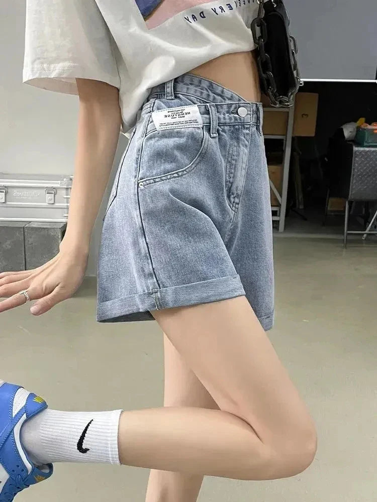 Y2K Asymmetric Waist Detail Denim Shorts
