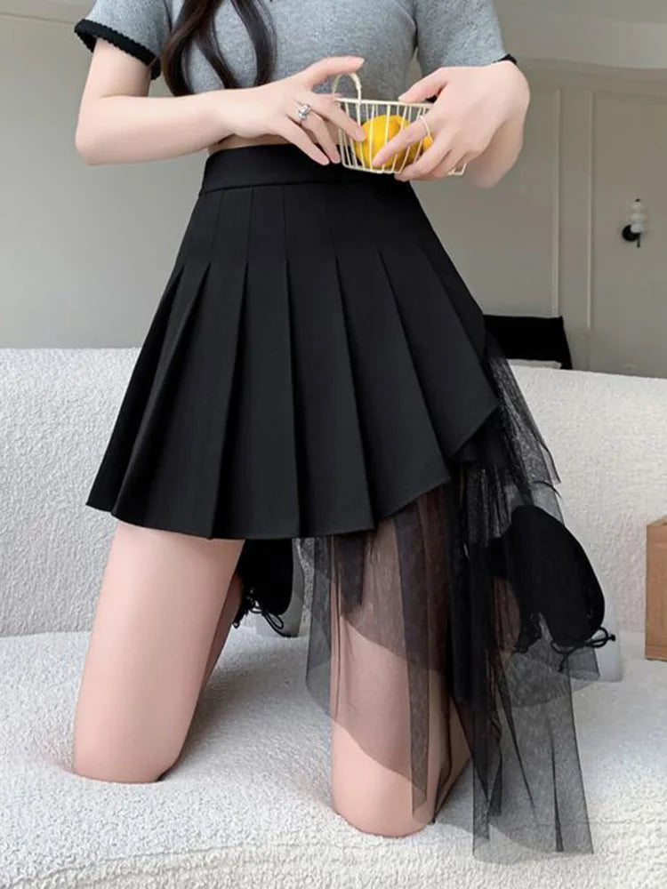 Y2K Asymmetrical Pleated Tulle Skirt