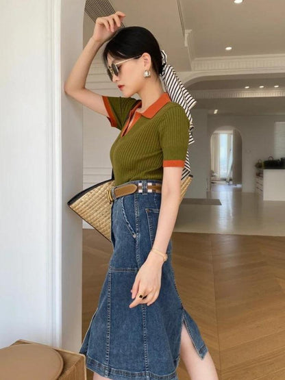 Y2K Basic Corduroy Polo Top