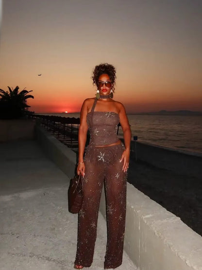 Y2K Beaded Scarf Top & Pants Two Piece Set