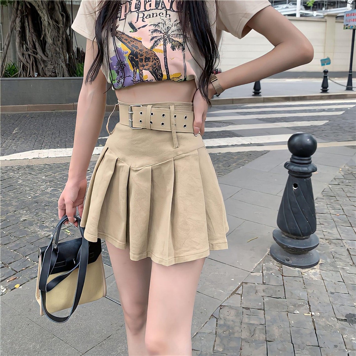 Y2K Belt Detail Pleated Mini Skirt