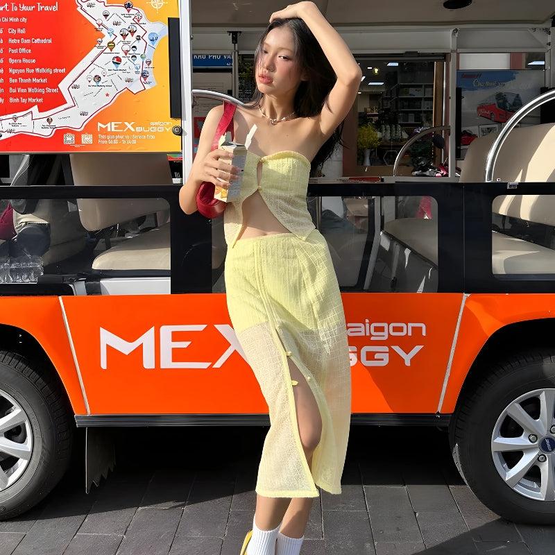 Y2K Butter Yellow Top & Skirt Two Piece Set