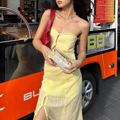 Y2K Butter Yellow Top & Skirt Two Piece Set