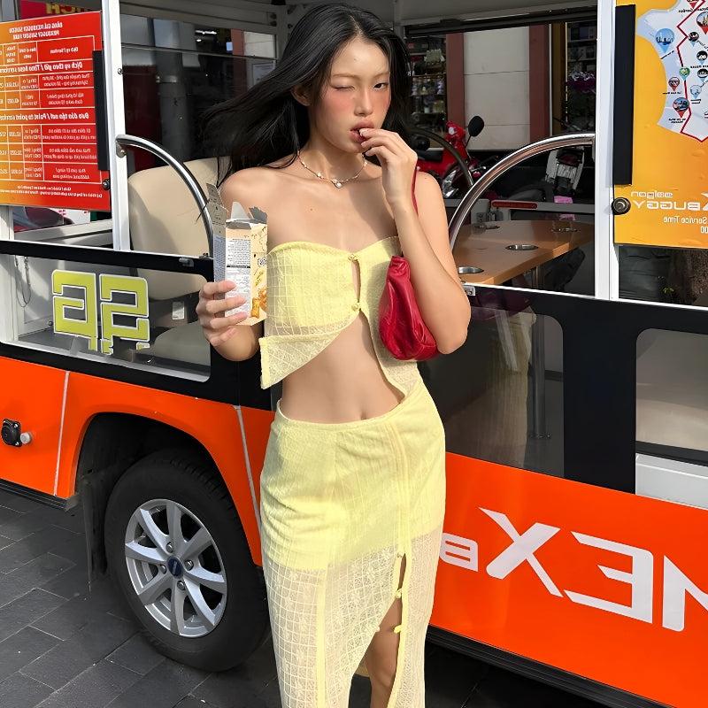 Y2K Butter Yellow Top & Skirt Two Piece Set