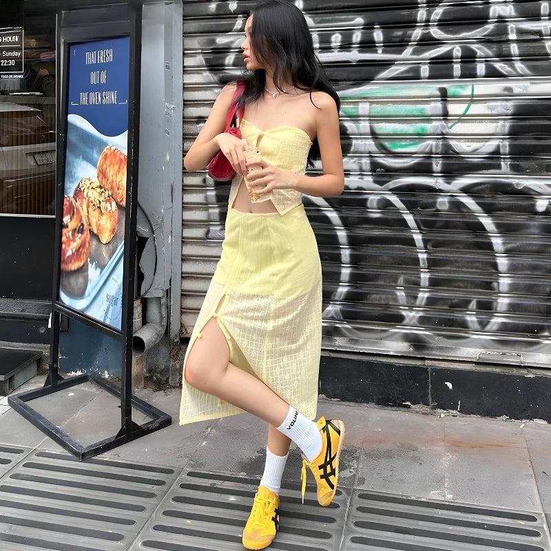Y2K Butter Yellow Top & Skirt Two Piece Set