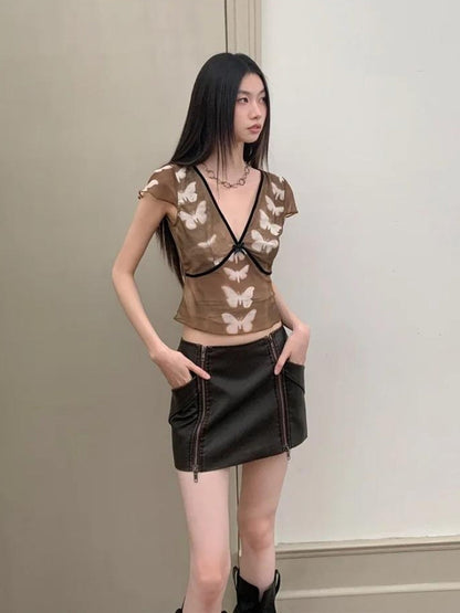 Y2K Butterfly V Neck Top
