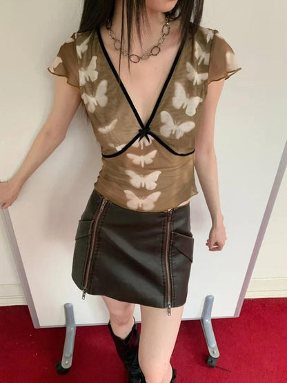 Y2K Butterfly V Neck Top