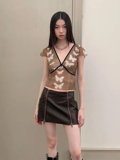 Y2K Butterfly V Neck Top