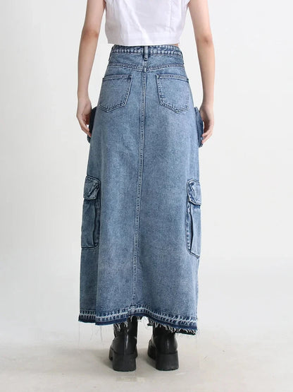 Y2K Cargo Split Denim Midi Skirt