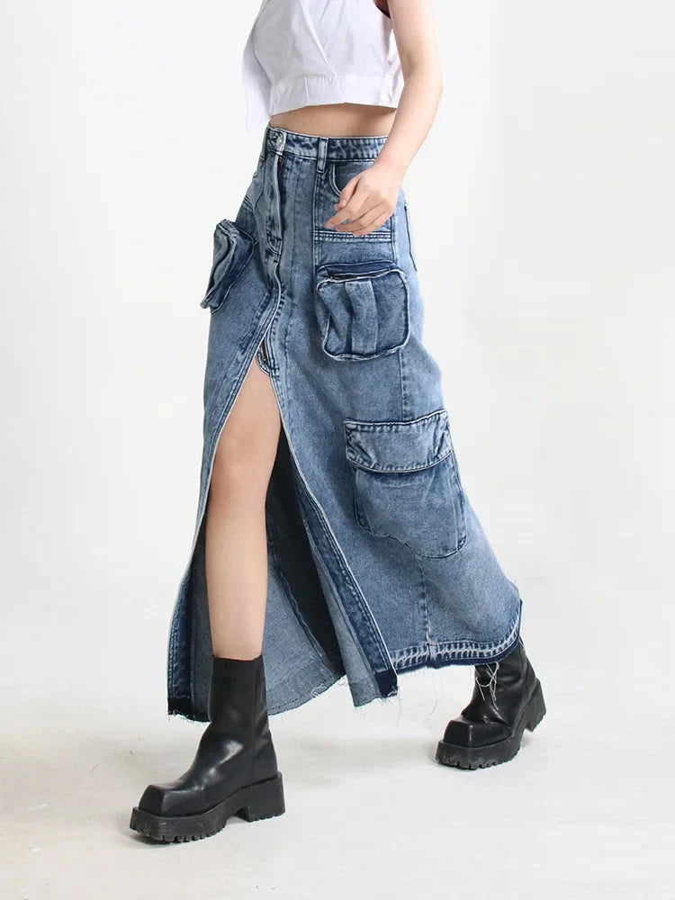 Y2K Cargo Split Denim Midi Skirt