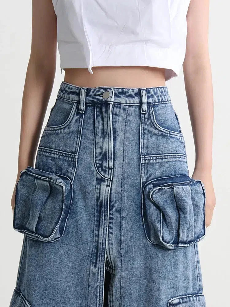 Y2K Cargo Split Denim Midi Skirt