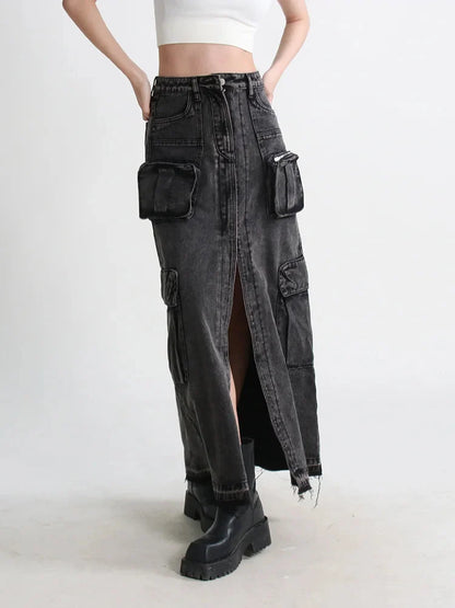 Y2K Cargo Split Denim Midi Skirt