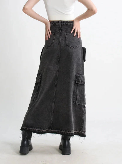 Y2K Cargo Split Denim Midi Skirt