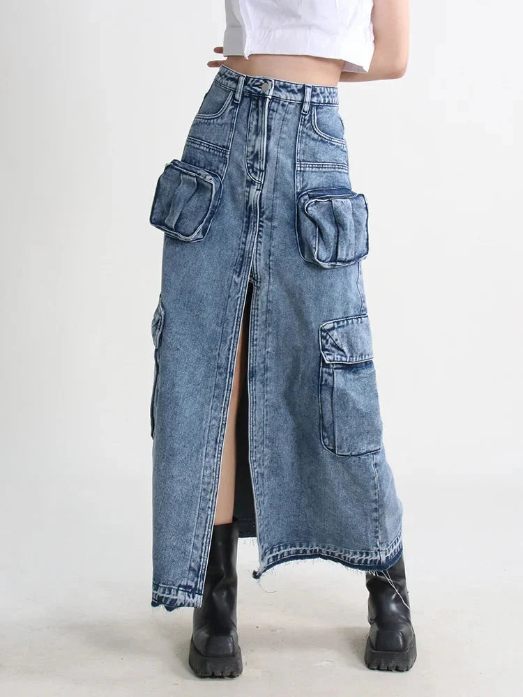 Y2K Cargo Split Denim Midi Skirt