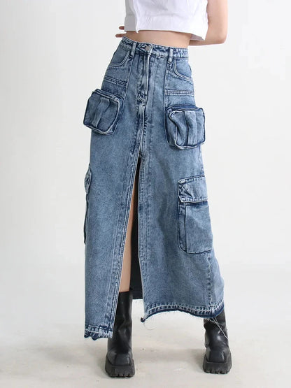 Y2K Cargo Split Denim Midi Skirt