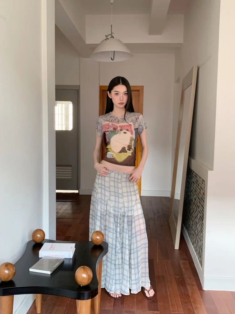 Y2K Cat Graphic Sheer Top