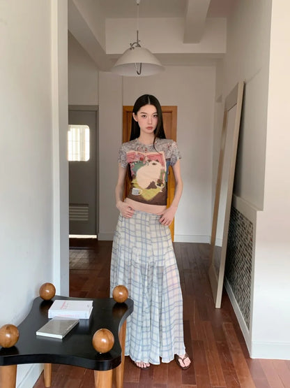 Y2K Cat Graphic Sheer Top