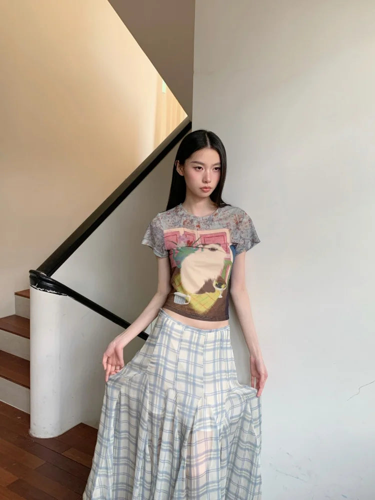 Y2K Cat Graphic Sheer Top