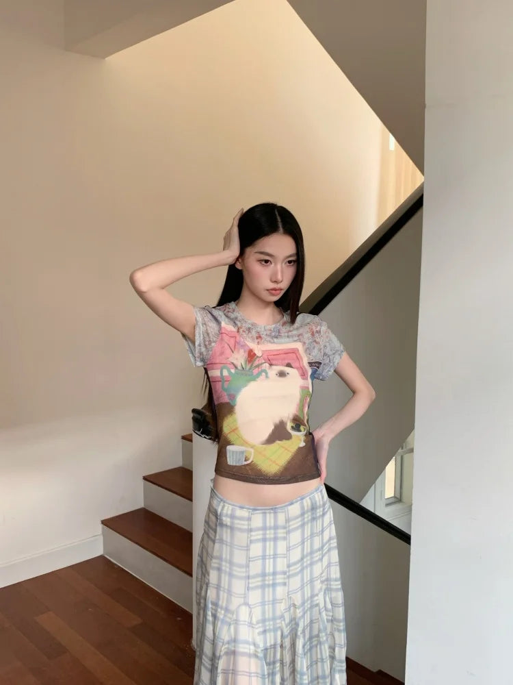 Y2K Cat Graphic Sheer Top