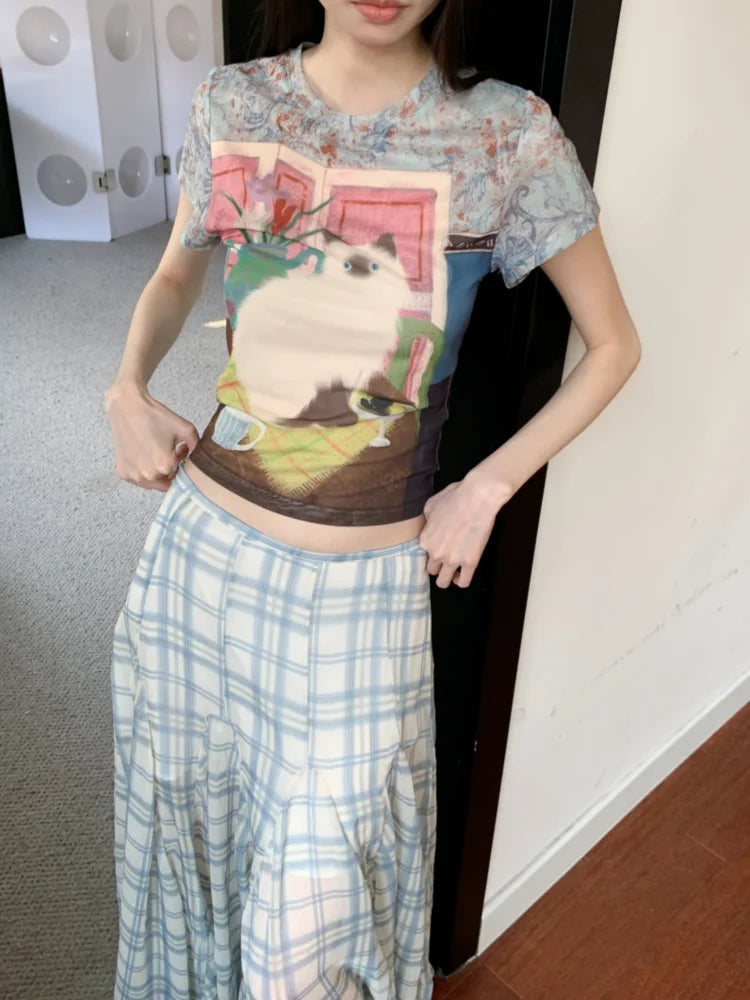 Y2K Cat Graphic Sheer Top