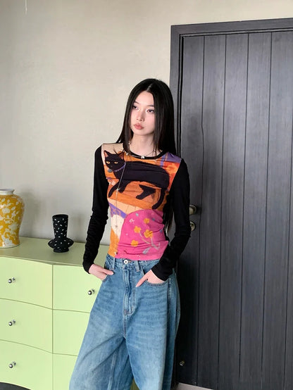 Y2K Cat Graphic Top