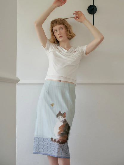 Y2K Cat Print Midi Skirt