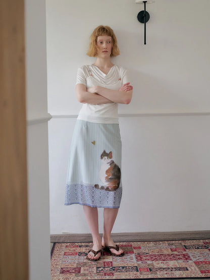 Y2K Cat Print Midi Skirt