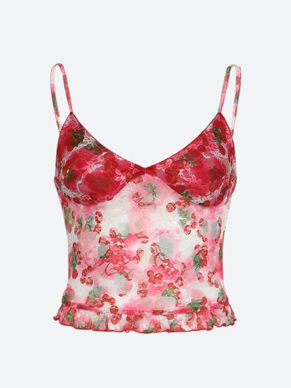 Cherry Print Mesh Top