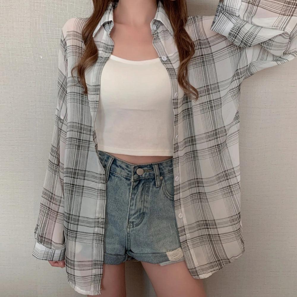 Y2K Chiffon Plaid Shirt