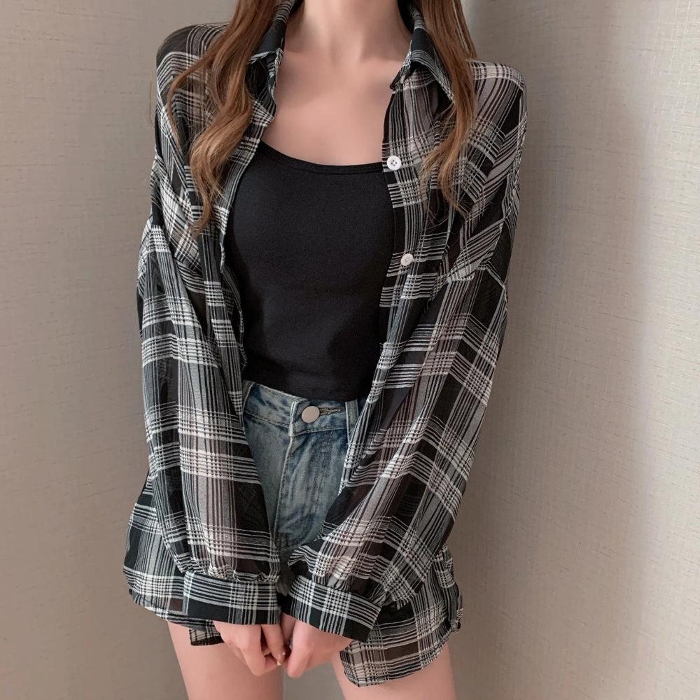 Y2K Chiffon Plaid Shirt