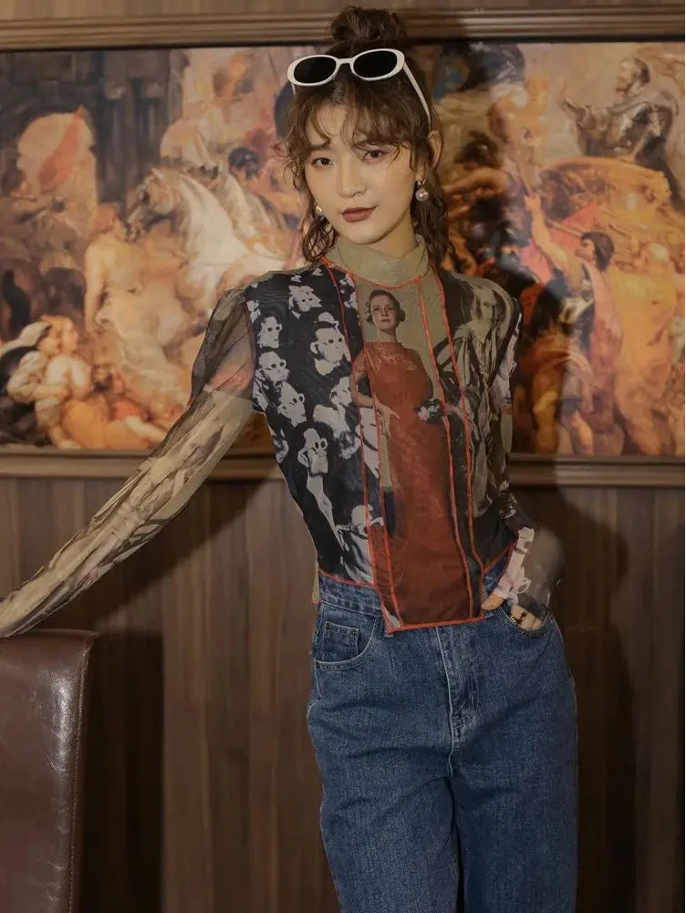 Y2K Collage Mesh Top