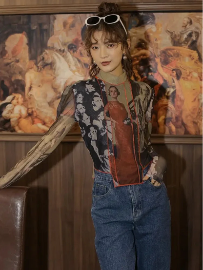Y2K Collage Mesh Top