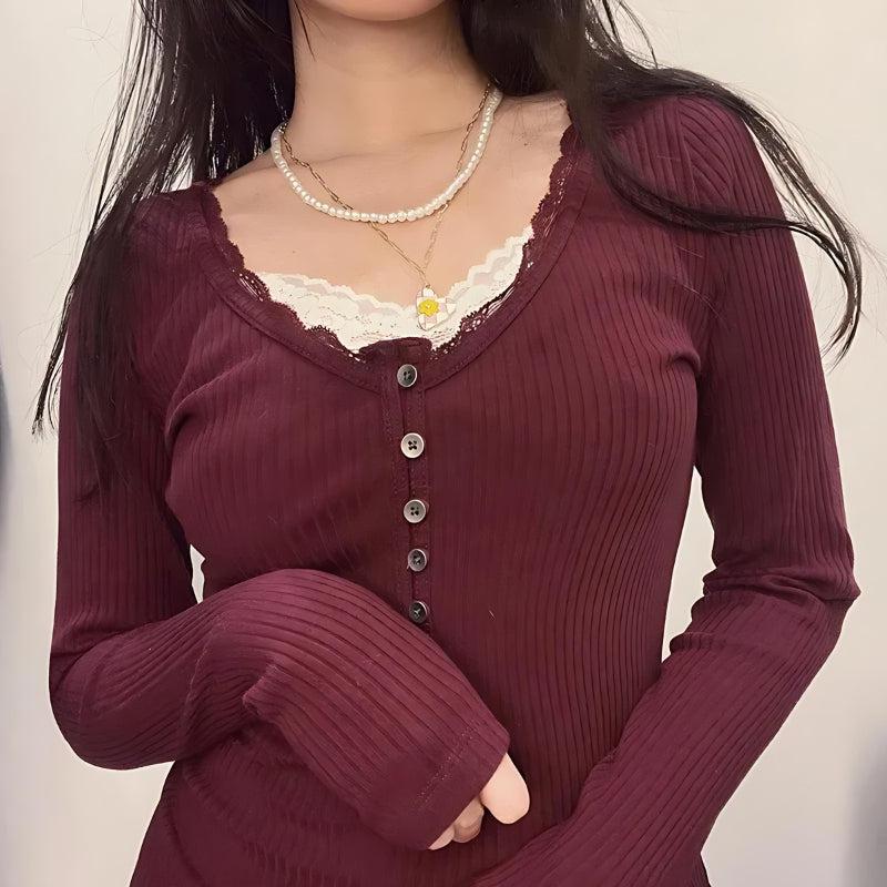 Y2K Corduroy Lace Trim Top